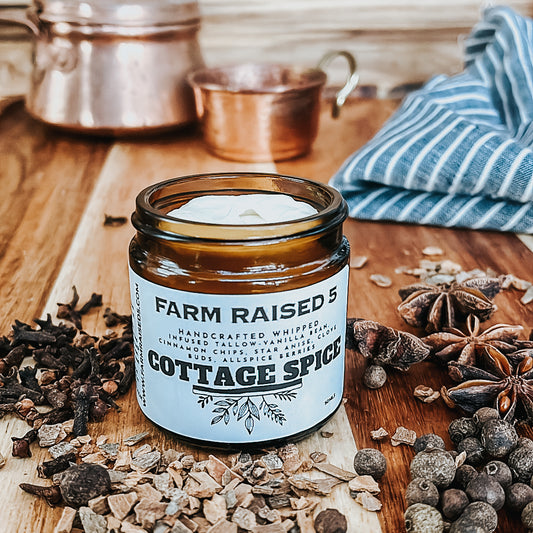 COTTAGE SPICE Face cream- Tallow infused with vanilla, cinnamon, star anise, clove, and allspice.